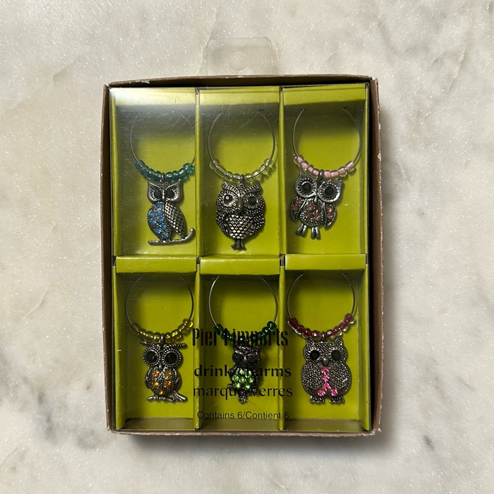 NIB Pier 1 Imports Silver Owls Drink Charms (6 Beaded Owls Set) & Food Spreaders